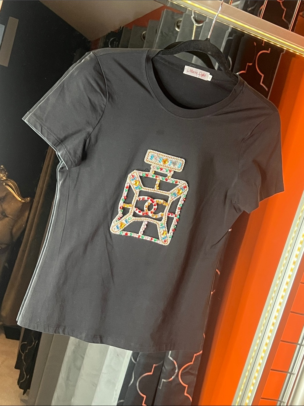 MACRO LIGHT 💎 Jewel-Encrusted Perfume Bottle Luxe Tee 💎